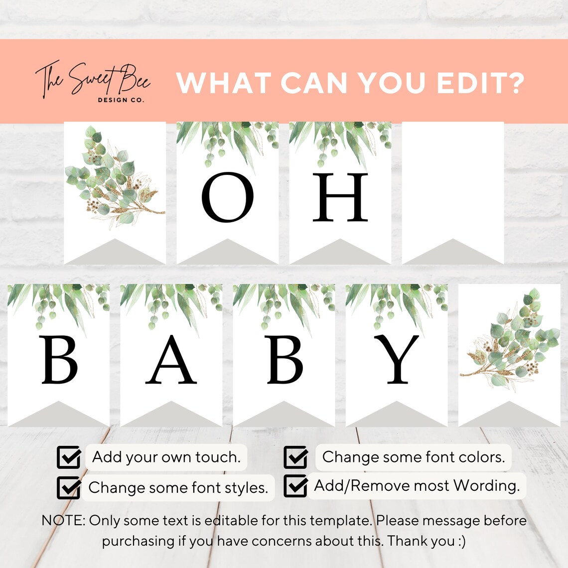 Greenery Baby Shower Banner Template, Printable & Customizable, Gender