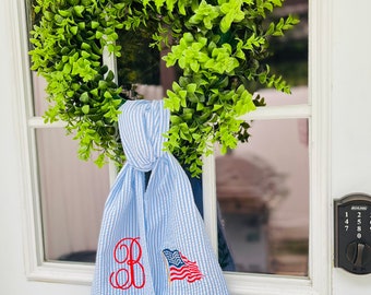 Waving Flag & Monogram Wreath Sash, July 4th Door Decor, Memorial Day Wreath Bow, Front Door Bow Sash, Gift Housewarming, Front Door Decor