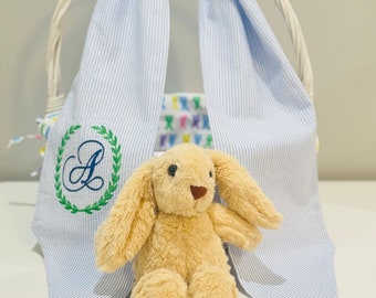 Easter Basket Sash, Personalized/ Monogrammed Seersucker Easter Basket Bow, First Easter Sash, Bunny Design, Bunny Baskets Bow with Name