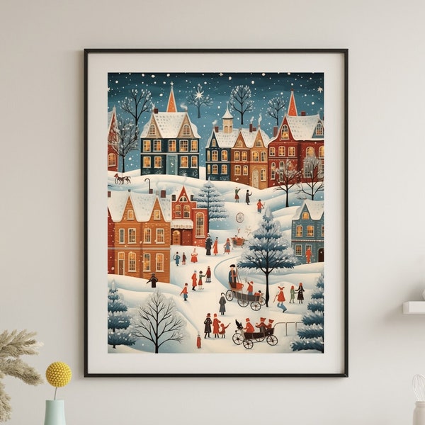 Vintage Winter Village Art Print | Charming Christmas Town Poster | Classic Holiday Scene Wall Art | Festive Snowy Landscape Decor