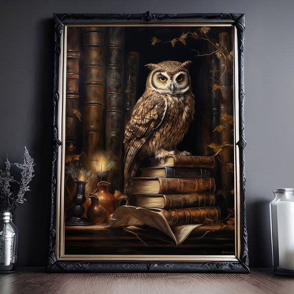 Owl and Vintage Books Art Print, Dark Academia Vintage Poster, Bookish Poster Print, Gothic Home Decor, Goth Wall Art, Halloween Decor