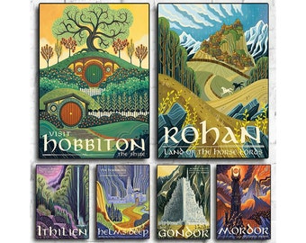 Lot de 6 affiches de voyage en Terre du Milieu, art mural Le Seigneur des anneaux, film fantastique, décoration d'intérieur, impression d'art Hobbiton, Rohan, Gondor, cadeau pour lui