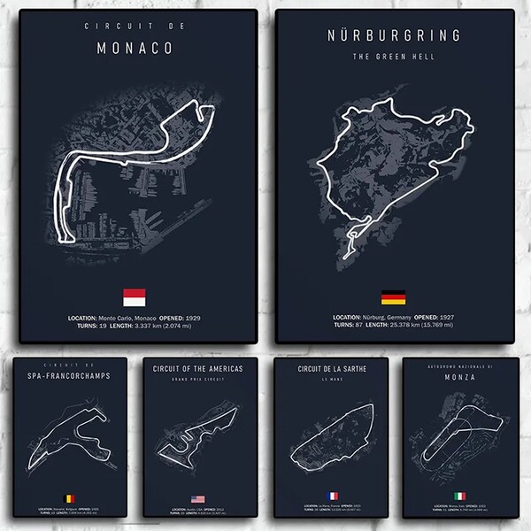 Iconic F1 Circuits Collection: Monaco, Nürburgring, Circuit of the Americas, Monza - F1 Wall Art Print, Racing Home Decor, Formula 1 Poster