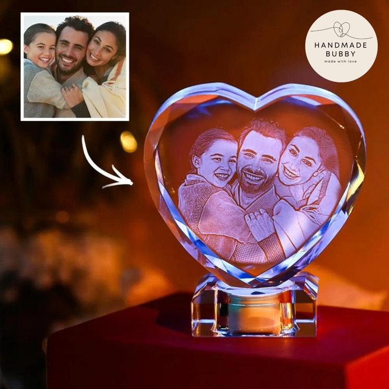 Custom Photo 3D Laser Heart Crystal With Light Base Etsy
