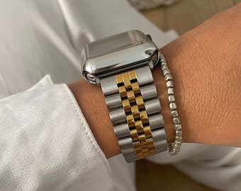 Gold and Silver Apple Watch Band Jubilee Stainless Steel Metal Bracelet 10 9 8 7 6 5 SE 38mm 40mm 41mm 42mm 44mm 45mm 46m Steel Strap Iwatch
