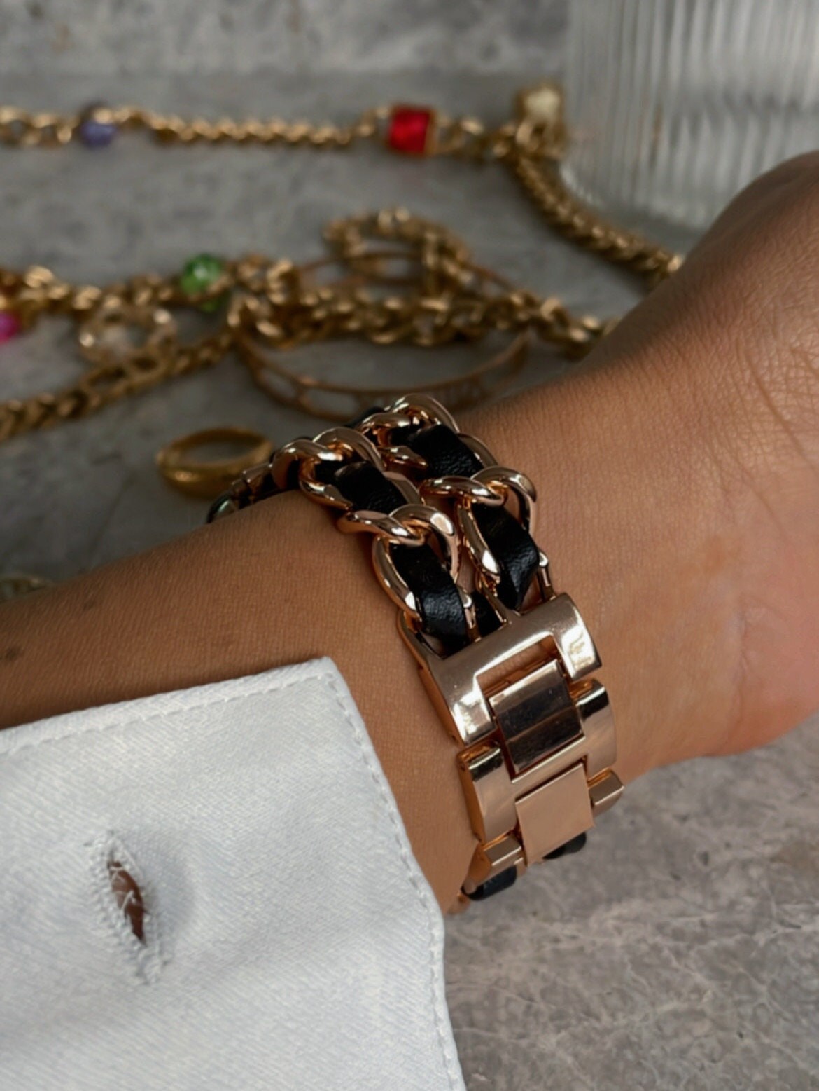 Rose Gold & Black Braided Chain Watch | Luxe Statement Bracelet Style N° 183 BRAIDED BRACELET | PINK GOLD BLACK – Marie Laure Chamorel main image 4