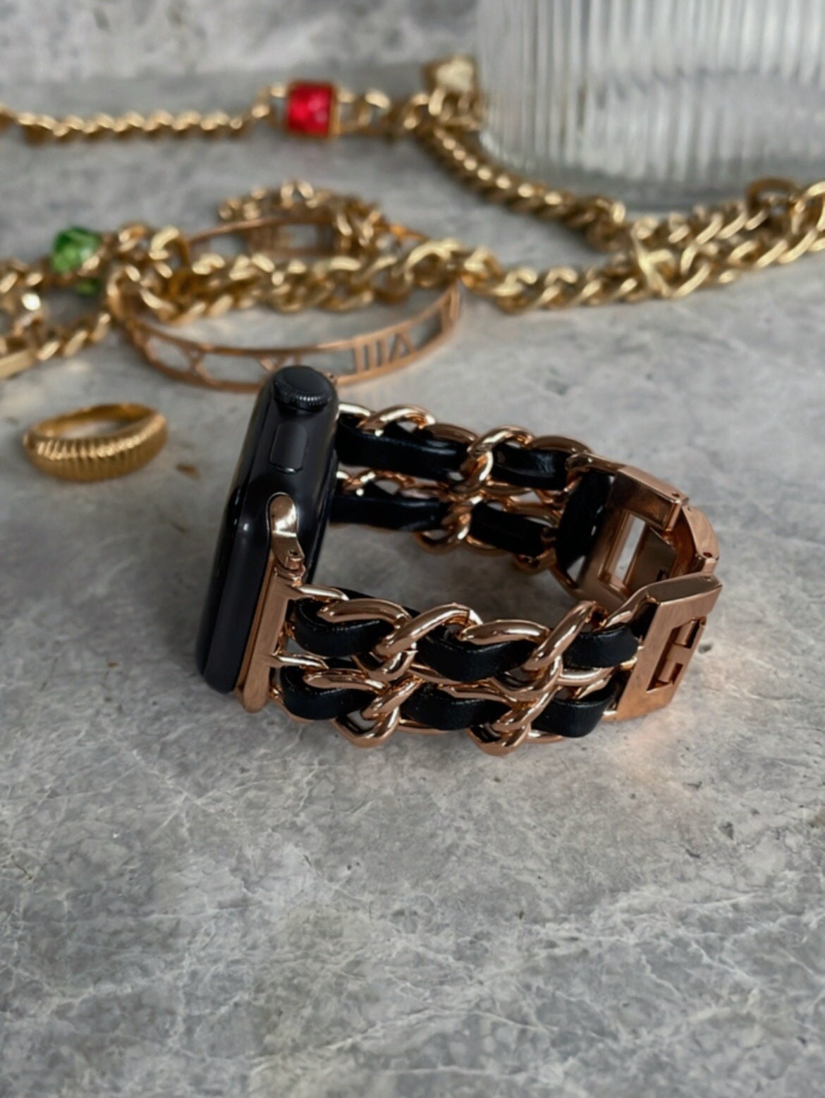Rose Gold Chain Apple Watch Band: Black Leatherette Strap  display picture 1