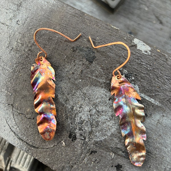 Copper earrings,Fire paint, Copper Leaves, Hammered copper Leaves, Fire painted copper Leaves , Rustic copper earrings, Boho earrings