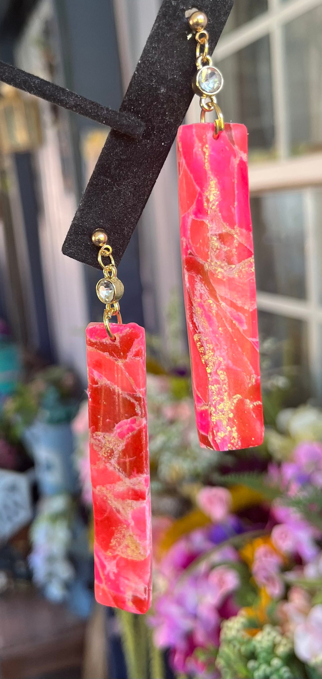 Rectangular Red Earrings Polymer clay earrings/Red earrings/Stained glass dangle earrings ...
