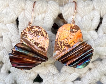 Hammered Copper Heart Dangle Earrings: Flame Painted Artisan Jewelry