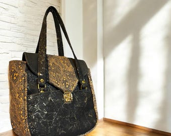 Black & Gold Cork Handbag: Snake Print Top Handle Purse