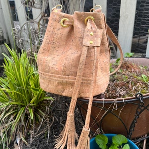 Cork Bucket Bag: Vegan Leather Drawstring Purse