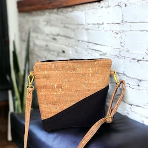 Black Canvas and Cork Crossbody Bag: Eco-Chic Shoulder Bag