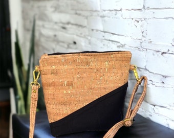 Black Canvas and Cork Crossbody Bag: Eco-Chic Shoulder Bag