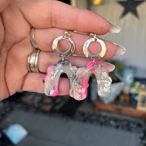 Handmade Polymer Clay Arch Earrings: Hot Pink, Black, and Silver