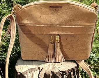Natural Cork Crossbody Bag: Vegan Leather Purse with Tassels