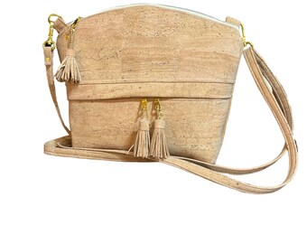 Handmade Cork Crossbody Bag: Vegan Leather Purse with Tassels