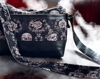 Leather Skull & Roses Handbag: Handmade Shoulder Bag