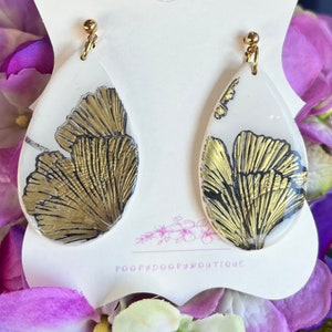 Handmade Teardrop Polymer Clay Earrings: Gold Flower Statement Jewelry