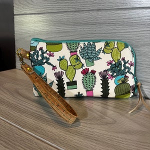 Handmade Succulent Print Wristlet Wallet: Cell Phone Pouch