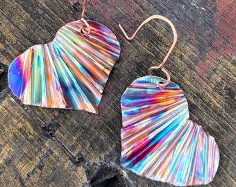 Hammered Copper Heart Dangle Earrings: Flame Painted Artisan Jewelry
