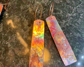 Copper earrings, long copper earrings,Boho statement earrings,Rustic earrings, Copper jewelry,Fire painted copper