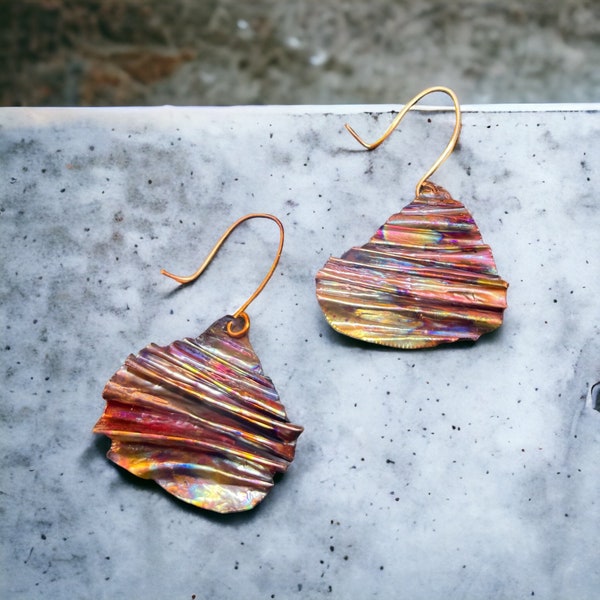 Hammered Copper tear drop earrings/Copper flame painted  earrings/Flame painted copper dangle earrings/Copper tear drop dangle earrings