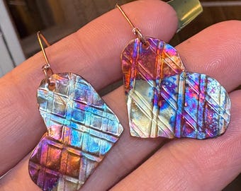 Hammered Copper Heart Earrings: Flame Painted Dangle Earrings