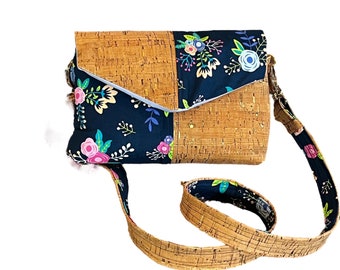Cork Crossbody Bag: Floral Fabric, Adjustable Strap