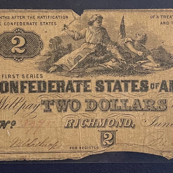 CIVIL WAR 1862 Confederate Richmond Va 2 Dollar bill!!
