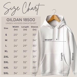 Pu&ograve; includere: Tabella delle taglie per una felpa con cappuccio unisex Gildan 18500. La tabella mostra la larghezza, la lunghezza e la lunghezza della manica in pollici per le taglie S a 5XL.