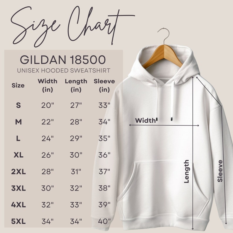 Pu&ograve; includere: Tabella delle taglie per una felpa con cappuccio unisex Gildan 18500. La tabella mostra la larghezza, la lunghezza e la lunghezza della manica in pollici per le taglie S a 5XL.