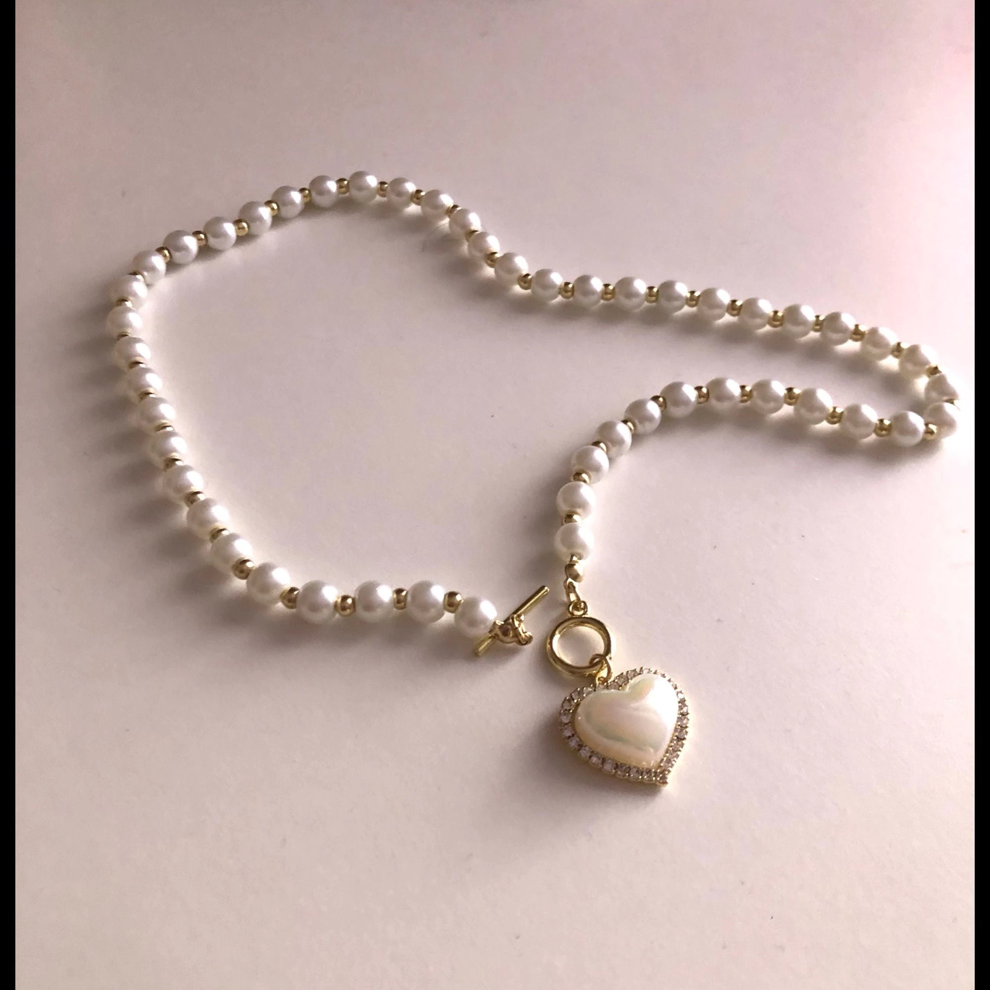 Pave Diamond Heart Pendant & Fresh Water Pearl Necklace – Queenbitter