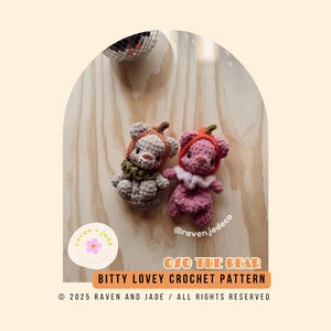 May include: Two crocheted teddy bears, one grey and one pink, wearing hats and scarves. The text "OSO THE BEAR BITTY LOVEY CROCHET PATTERN" is displayed below the bears. The background is a light wood grain.