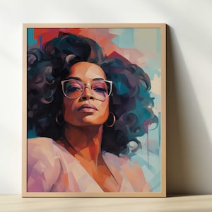 May include: A digital painting of a woman with dark curly hair wearing glasses and a pink shirt. The background is a mix of blue, green, and pink.