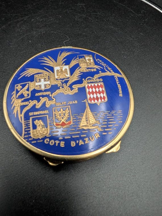 Vintage Côte d'Azur Enamel Powder Compact, French Riviera Souvenir Mirror