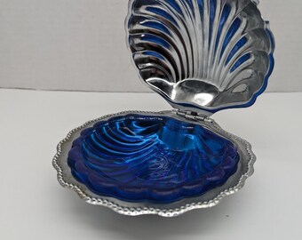 Plat à beurre/caviar en acier inoxydable avec insert en verre bleu cobalt