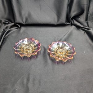 Vintage Fostoria Celestial Marigold Floral Glass Iridescent Candle Holders Pair