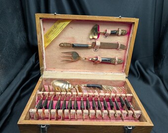 Vintage Tommy's Gems Thailand Bronze Teak Dessert Flatware Set 20 Pc Siam Boxed