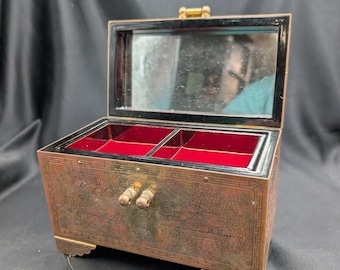 Vintage Asian Relief Scene Engraved Brass Jewelry Box with Mirror
