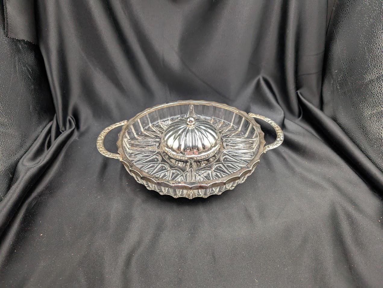 Vintage Hugo Silverware Silver Plate and Glass Relish Tray