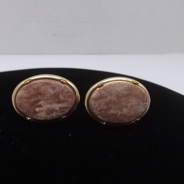 Oval Pink Agate and Gold Tone Cufflinks