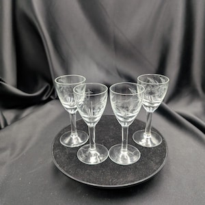 Vintage Stemmed Crystal Etched Cordial Glass Set of 4