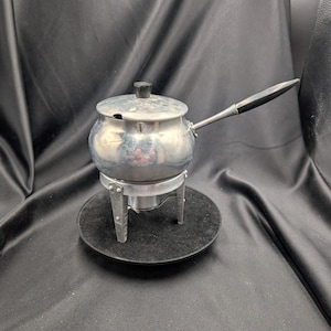 Vintage Aluminum Fondue Pot / Sauce Boat with Warming Stand