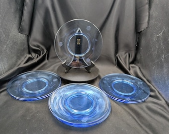Juego de 8 platos de vidrio azul grabado estilo vintage, vajilla retro de 20 cm (8 pulgadas)