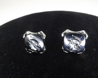 Swank Silver Tone Cufflinks with black stone with Roman etching Vintage