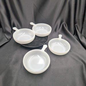 Glasbake Soup Bowls with Handle J2102 White Milk Glass Set of 4