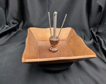 Vintage MCM Square Wood Nut Bowl Set with Nutcracker & Picks