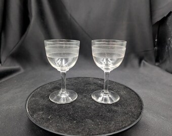 Vintage Etched Sherry Glasses Pair Manganese