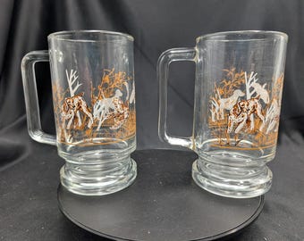 Juego de 2 jarras de cerveza vintage Libbey con diseño de perro de caza y escena de faisanes.